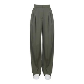 Alexander McQueen Broeken, Dames, Groen, M, Wol, Geplooide Wijde Pijpen Broek