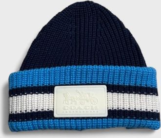 Coach Womens Coach Ribbed Knit Varsity Stripe Patch Beanie Navy Blue - Size: O/S