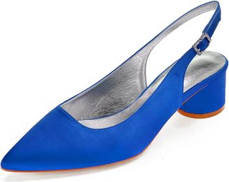 Generic Wedding Bridal Shoes Women Chunky Block Satin Low Heels Pointed Toe Slingback Evening Party Prom Office Shoes 4.5Cm,Blue,9 UK