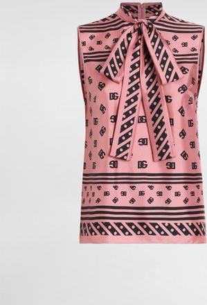 Dolce & Gabbana Silk Foulard Print Dg Allover Logo Bow Top - Woman Shirts And Tops Multicolor 36