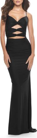La Femme Twist Front Cut Out Jersey Prom Dress in Black at Nordstrom, Size 0