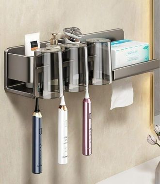 OEM Soporte Para Cepillos De Dientes Sin Taladrar, Soporte Multifuncional De Pared Para Cepillos De Dientes Con Vaso, Aluminio, Gris Oscuro, Para 3 Person