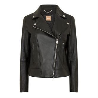 HUGO BOSS Womens Sajin Leather Jacket in Black - Size 16 UK