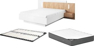 Vente-Unique Letto Con Comodini 160 X 200 Cm 2 Cassetti Con Led Bianco E Naturale + Rete + Materasso - Francoli