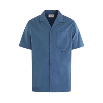 Olaf Hussein Katoenen Linnen Shirt in Blauw - Heren - Korte mouwen Overhemden - Blauw - S - Katoen - Overhemden