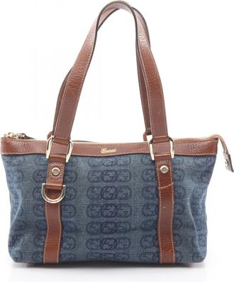 Gucci Brown Navy Denim Leather Handbag Tote Bag (Pre-Owned)