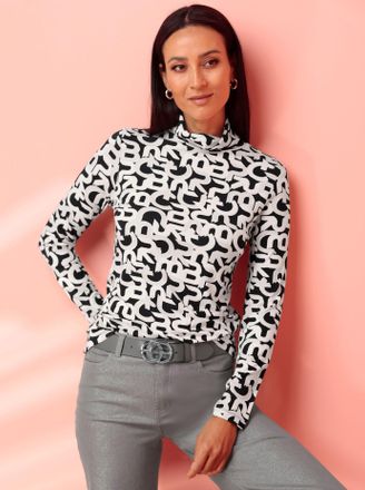 Heine Rollkragenshirt HEINE Druck-Shirt, Damen, Gr. 34, blau (marine, ecru, bedruckt), 95% Viskose, 5% Elasthan, bedruckt, gemustert, mehrfarbig, Shirts Rol