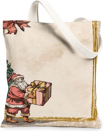 Generic Christmas Santa Canvas Tote Bags, Retro Holiday Design Lightweight Washable Shoulder Strap Grocery Bags for Gift Shopping T, Beige, 13x15 Inch