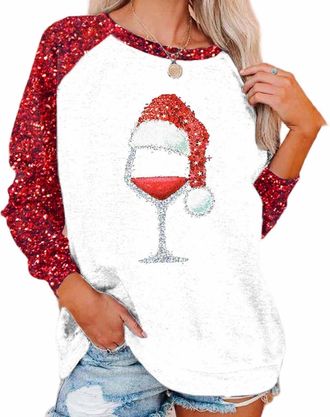 Generic Christmas Tops for Women UK Plus Size Novelty Funny Xmas Printed Pullover Tops Womens Christmas Fashion Casual Printed Round Neck Loose Long Sleeve Ca