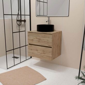 Aurlane Aurlane - Mueble De Ba&ntilde;o 80cm 2 Cajones Roble Natural + Lavabo Redondo Negro &Oslash;41cm