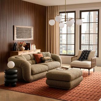 Castlery Textured Boucle Sofa with Ottoman, Feather Filled Seats - Green | Solari by Castlery