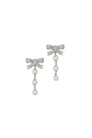 Self Portrait Pearl Droplet Earrings with Silver-Toned Bow and Crystal Embellishments