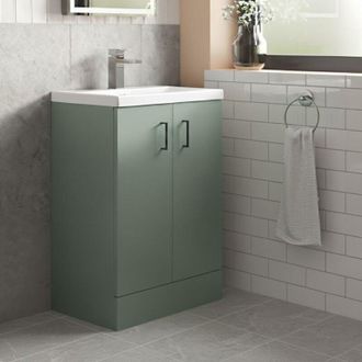 Nuie Nuie - Arno Compact Floor Standing 2-Door Vanity Unit with Polymarble Basin 600mm Wide - Satin Green