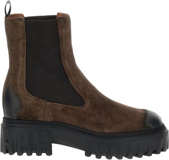 Hogan Brown H700 Suede Platform Lug-Sole Chelsea Boots