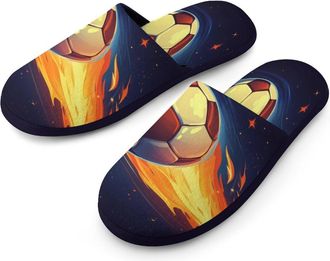 Generic Football Ball Flying Flames Mens Flannel Slipper Soft Non Slip House Shoes Comfy Winter Warm Indoor Outdoor Slippers
