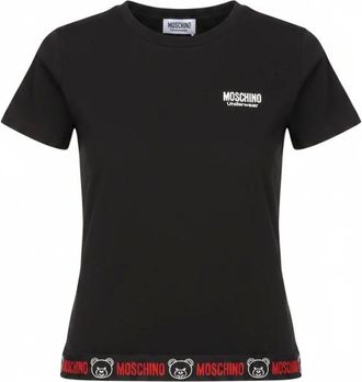 Moschino Tops, Dames, Zwart, M, Katoen, T-shirt met Logoband en Teddy Patch