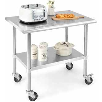 Costway Costway - Mesa De Metal Inoxidable, Mesa De Preparaci&oacute;n De Alimentos De 61 X 91,5 Cm Con Ruedas Giratorias, Estante Inferior Ajustable, Mesa De Trabaj