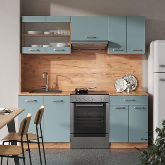 Vicco Mueble De Cocina R-line, Roble Azul-gris-dorado, 200 Cm Sin Encimera