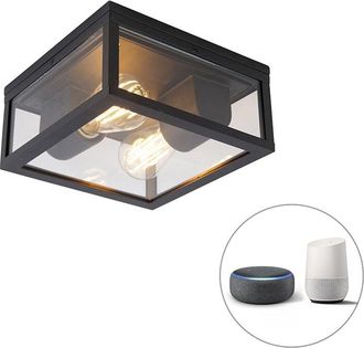 QAZQA Dise&ntilde;o Plaf&oacute;n Inteligente Negro Ip44 2 Luces Con Wifi St64 - Charlois Aluminio /vidrio Cuadrada Adecuado Para Led Max. 2 X 7 Watt - Qazqa