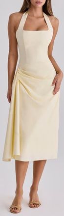 House of CB Tallulah Halter Neck Stretch Cotton Midi Dress in Lemon at Nordstrom, Size X-Small