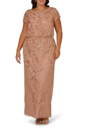 Adrianna Papell Beaded Mesh Blouson Gown in Rose Gold at Nordstrom, Size 16W