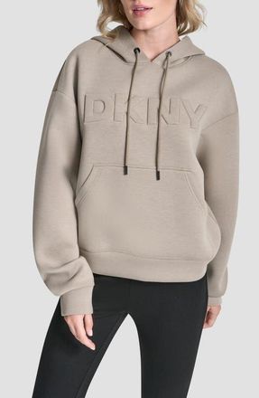 DKNY Embossed Logo Scuba Knit Hoodie in Tan Heather at Nordstrom, Size Xx-Small