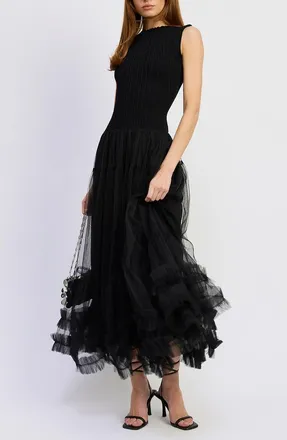 En Saison Darcy Mixed Media Tulle Gown in Black at Nordstrom, Size Medium