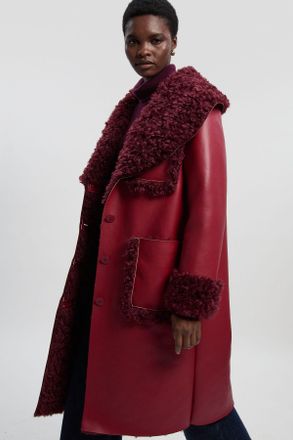 Karen Millen Womens Faux Fur Pocket Detail Midi Coat - Red - Size 14 UK