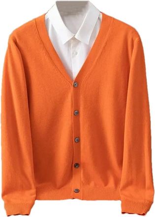 Generic Mens Cashmere Cardigan Sweater Solid Color Knitted V-Neck Warm Casual Jumper Coat Orange XL