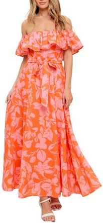 Flying Tomato Floral Off the Shoulder Short Sleeve Maxi Dress in Orange at Nordstrom Rack, Size Small