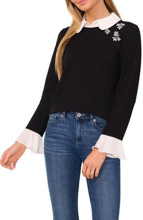 CeCe by Cynthia Steffe Embellished Layered Look Sweater in Rich Black at Nordstrom, Size Small