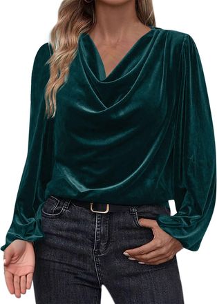 Generic Velvet Long Sleeve Tops Women Vintage Velvet Blouse Solid Shirt Cowl Neck Drape Ruched Front Long Sleeve Blouses Pleated Top Loose Pullover Casual Tun