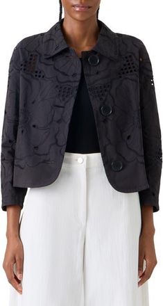 Akris Flower Eyelet Cotton Poplin Crop Jacket in Black at Nordstrom, Size 12