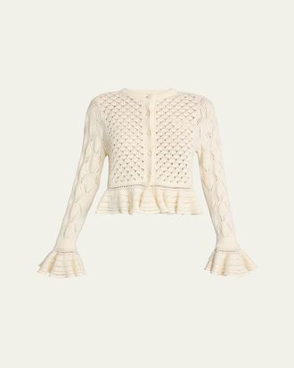 Chlo&eacute; Open-Knit Ruffle Crewneck Cardigan