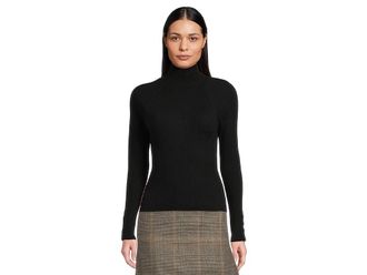 Lilla P Slim Rib Turtleneck Womens Sweater Black : XL, Cashmere/Cotton
