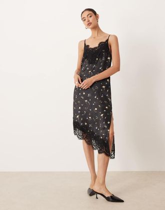 Asos Vestito corto in raso nero a fiori asimmetrico con corpino in pizzo e spalline sottili-Multicolore