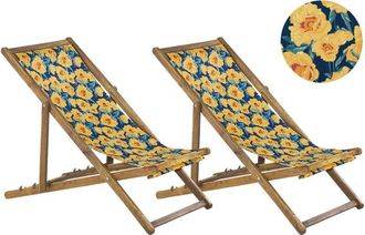 Beliani Conjunto De 2 Tumbonas De Jard&iacute;n De Madera De Acacia Clara Amarillo Azul Verde Floral Reclinable Plegable Anzio