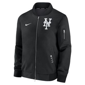 Nike New York Mets Authentic Collection Dugout Nike Mens MLB Full-Zip Bomber Jacket in Black | 02F3902ZNME-TZ7
