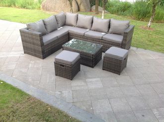 Fimous 8 Seater Grey Rattan Corner Sofa Set Coffee Oblong Coffee Table Outdoor Garden Furniture Patio in Dark Grey