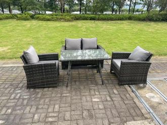Fimous 4 Seater Outdoor Dark Grey Mixed High Back Rattan Sofa Dining Table Set Garden Furniture Patio