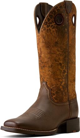 Ariat Womens Round Up Ryder Wide Square Toe Western Boots in Dark Cacao Distressed Leopard Leather, B Medium Width, Size 7.5, by Ariat