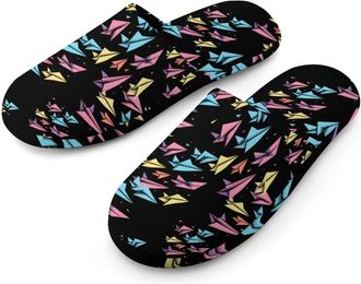 Generic Colored Paper Airplan Flannel Mens Slip-on Slippers Winter Warm House Shoes with Rubber Sole for Home Hotel