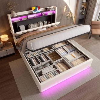 Direct Wicker 150*200cm King Padded storage bed with LED lighting, USB Type-C in Beige