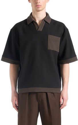 Mani&egrave;re De Voir Brice Boxy Polo Shirt with Crochet Detail in Black at Nordstrom, Size Medium