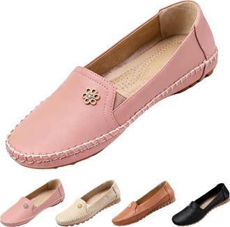 Generic Stylish Orthopedic Leather Shoes-All-Day Comfort for Women, Lightweight Anti-Slip Slip on Stitched Flat-Soled Casual Loafers (Pink,7.5)