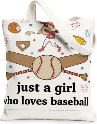 Generic Baseball Themed Canvas Tote Bags, Sports Fun Design Lightweight Washable Shopping Bags, Summer Vintage Style Reusable Handb, White, 13x15 Inch