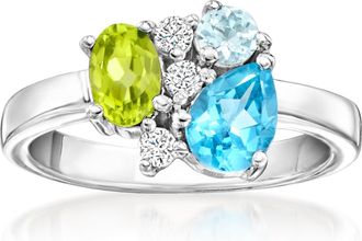 Ross-Simons Swiss Blue Topaz,. Peridot and. Aquamarine Ring With. Lab-Grown Diamonds in Sterling Silver