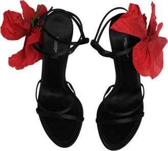 Dolce & Gabbana Womens Black Leather Strappy Flower Heels Sandals Shoes Se+vi+goat
