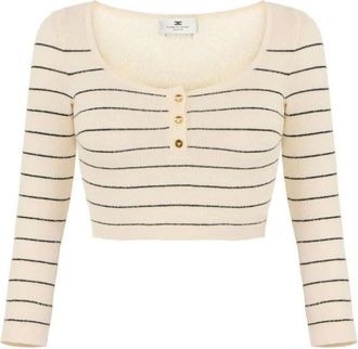 Elisabetta Franchi Truien & Vesten, Dames, Wit, XL, Katoen, Gestreept katoenen thread top