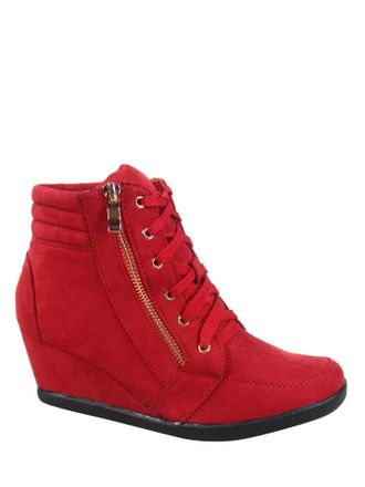 Forever Link TZ 56 Womens High Top Sneakers Fashion Classic Lace Up Comfortable Wedge Walking Shoes, Red, 6.5 UK
